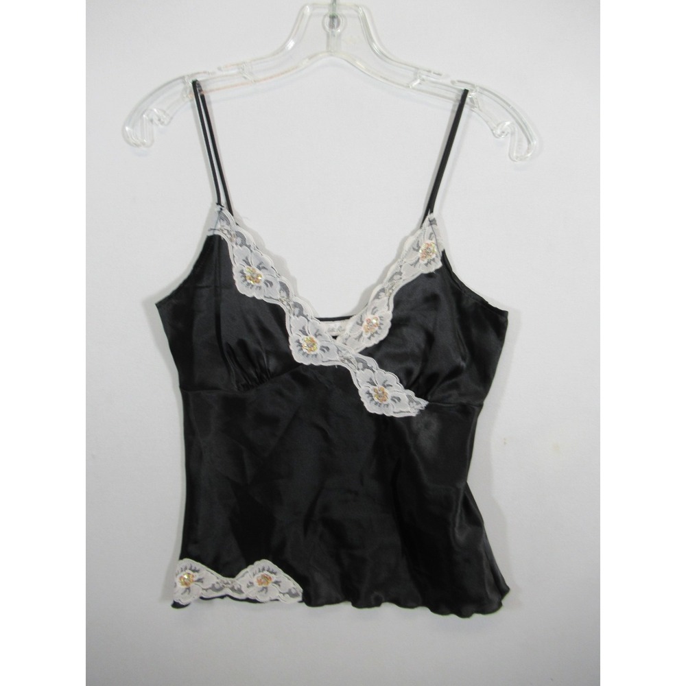 Charlotte Russe Satin Beaded Camisole Tank Junior Size Large Black Y2K